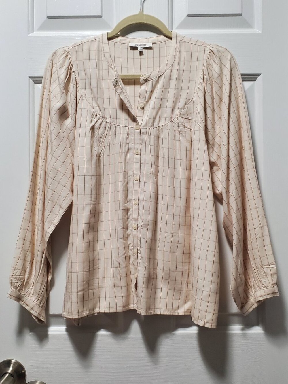 Madewell Cream Pink and Brown Balloon Sleeve Peasant Top | Small